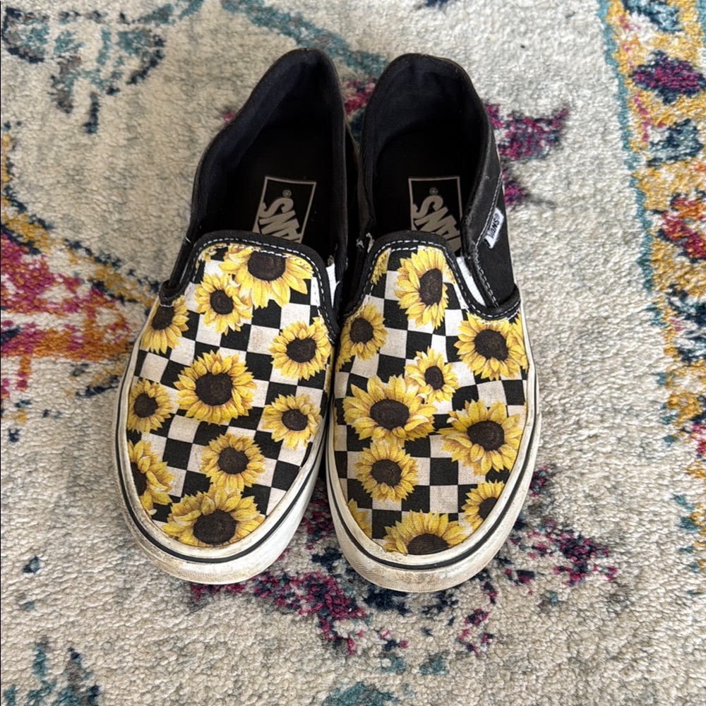 Vans Black and White Sunflower Slip-On Sneakers Classic Style